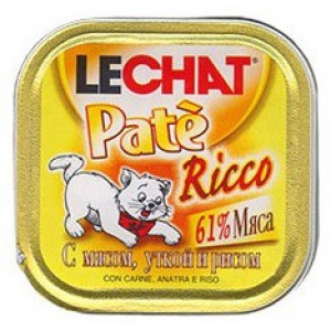 LECHAT консервы для кошек 100 гр. Мясо, Утка, Рис паштет