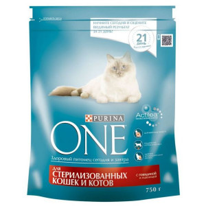 PURINA ONE "Sterilized" сухой 750 гр для Кастрированных и Стерилизованных Кошек Говядина, Пшеница