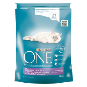 PURINA ONE "Coat&Hairball" сухой 200 гр для Кошек вывод шерсти Курица, Злаки